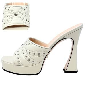 NWT Gucci GG Logo Marmont Platform Heels White Stud Claire Fluted Sandals EU37.5